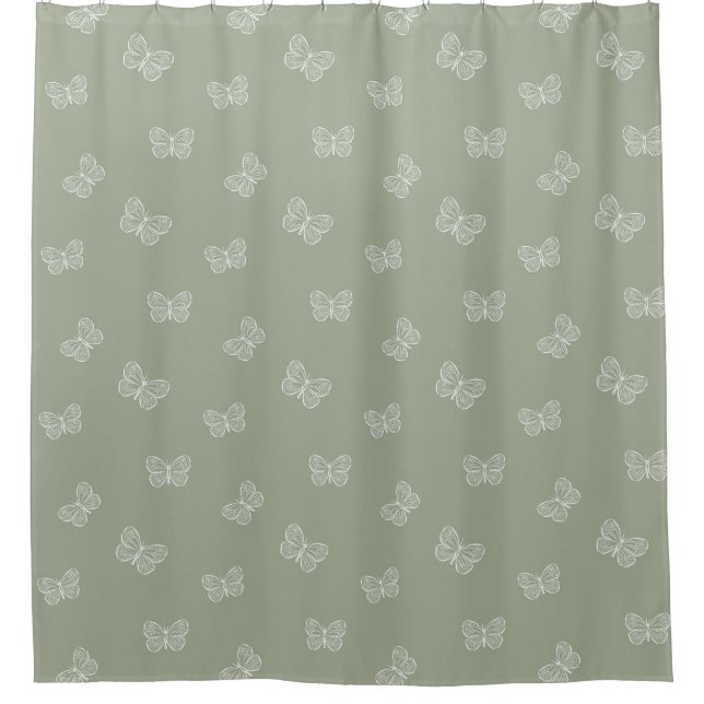 Boho Butterfly Pattern Neutral Modern Sage Green Shower Curtain (Front)