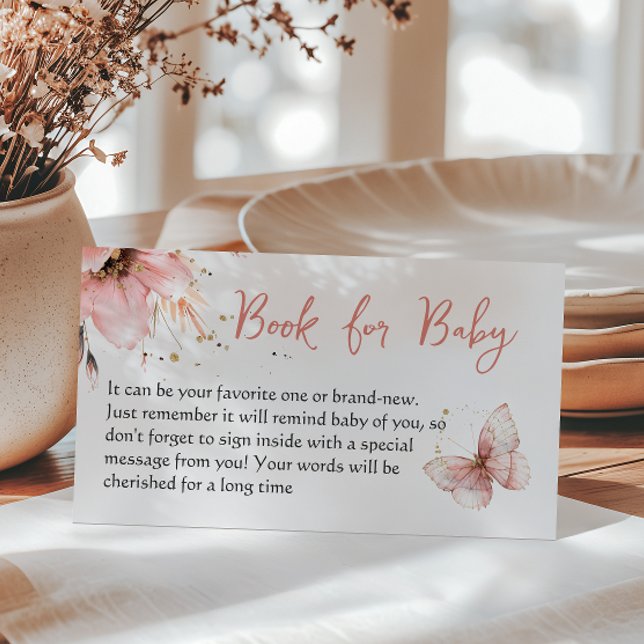Boho Butterfly Pink Floral Book For Baby Shower Enclosure Card (Creator Uploaded)