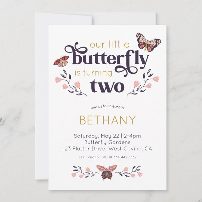 Boho Butterfly Second Birthday Invitation (Front)