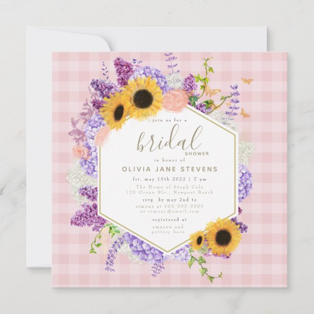 Boho Butterfly Sunflower Frame Pink Bridal Shower Invitation (Front)