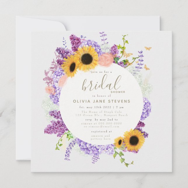 Boho Butterfly Sunflower Lilac Flora Bridal Shower Invitation (Front)