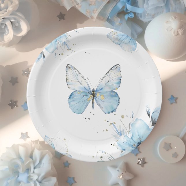Boho Butterfly Wildflower Floral Blue Baby Shower Paper Plate (Creator Uploaded)