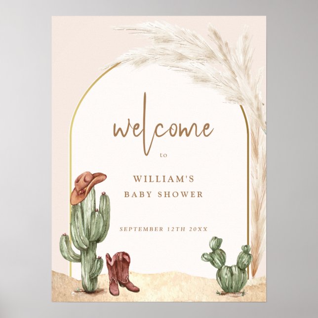 Boho Cactus Arch Desert Cowboy Baby Shower Welcome Poster (Front)