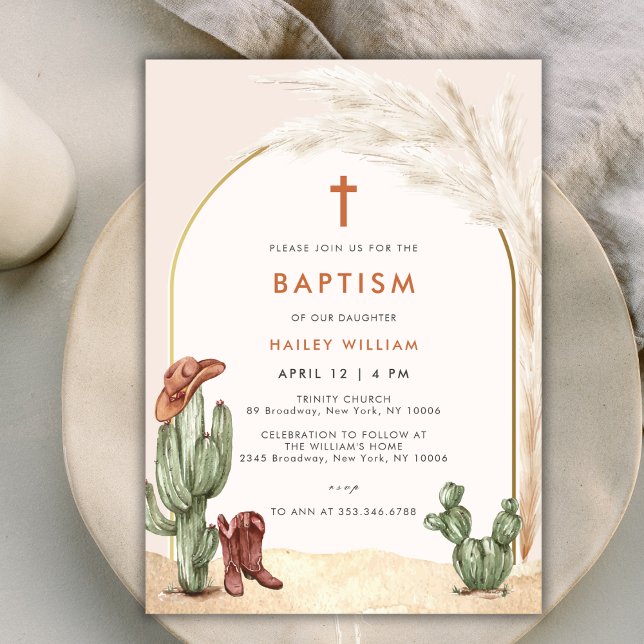 Boho Cactus Arch Desert Cowboy Cross Baptism Invitation (Boho Cactus Arch Desert Cowboy Cross Baptism Invitation)