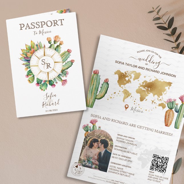 Boho Cactus Destination Wedding Passport QR Code Invitation (mexico passport wedding with watercolor cactus and compass)