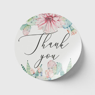 Boho Cactus Floral Wedding Script Thank You Classic Round Sticker