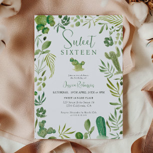 Boho cactus green tropical desert Sweet 16 Invitation