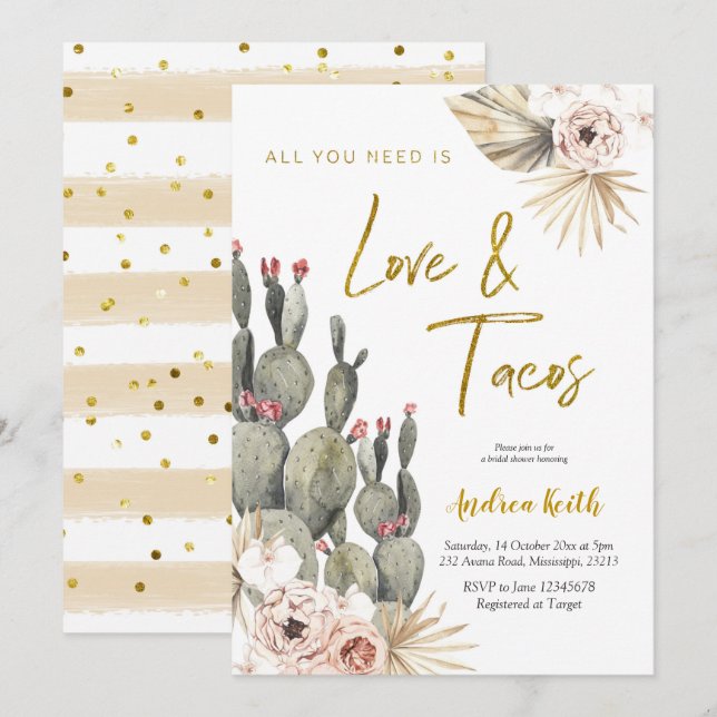 Boho Cactus Love and Tacos Bridal Shower Invitatio Invitation (Front/Back)