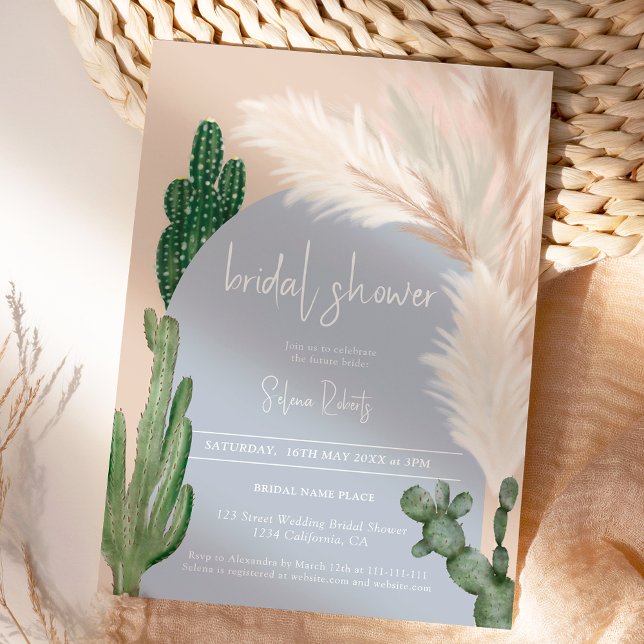 Boho cactus pampas arch blue bridal shower invitation (Boho cactus pampas arch blue bridal shower invitation)