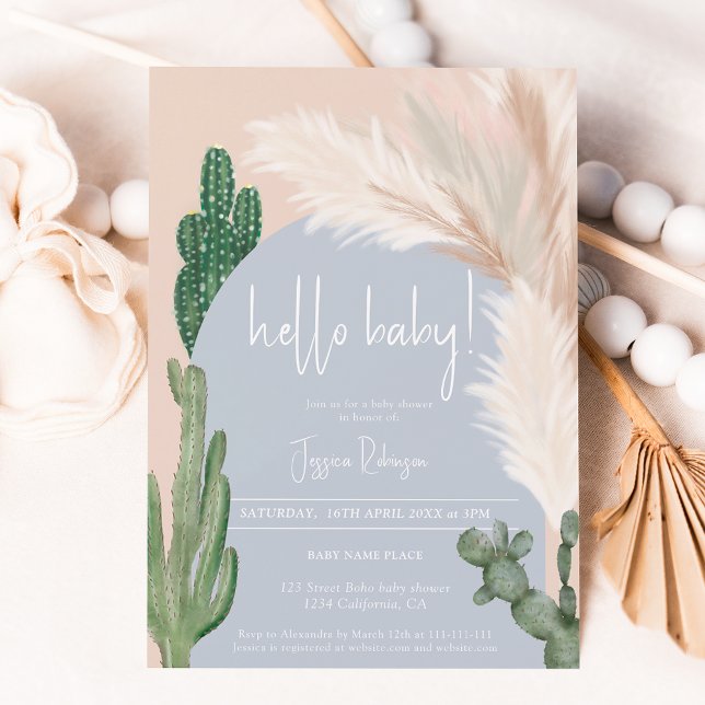 Boho cactus pampas arch boy hello baby shower invitation (Creator Uploaded)
