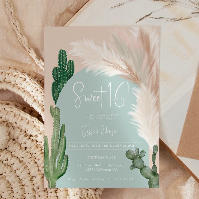 Boho cactus pampas arch green earth tone Sweet 16 Invitation (Boho cactus pampas arch green earth tone Sweet 16 Invitation)