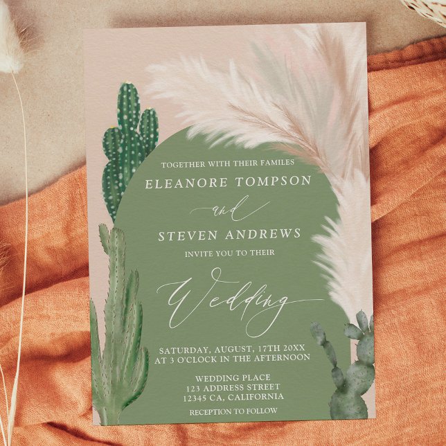Boho cactus pampas arch green earth tone wedding invitation (Boho cactus pampas arch green earth tone wedding invitation on dark green)