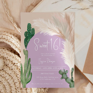Boho cactus pampas arch purple earth tone Sweet 16 Invitation