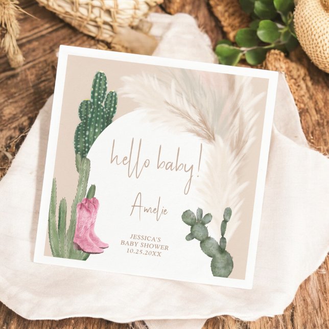 Boho cactus pampas boots hello baby shower napkin (Boho cactus pampas boots hello baby shower napkins)