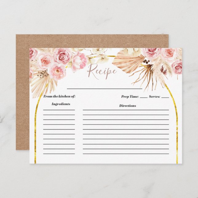 Boho Cactus Pink Flowers Bridal Shower Recipe card (Front/Back)