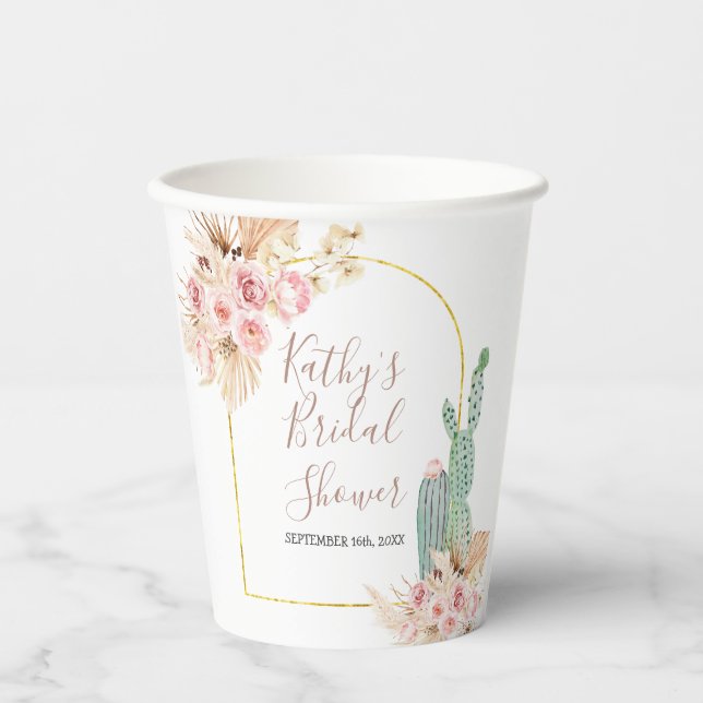 Boho Cactus Pink Flowers White Paper Cups (Front)