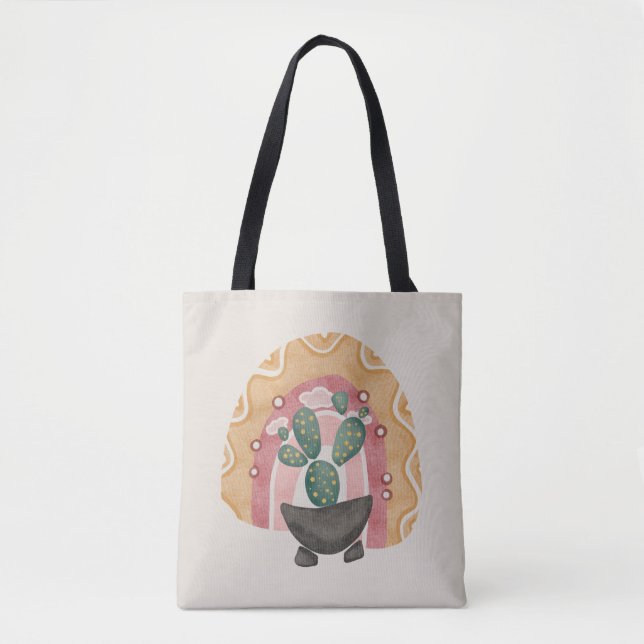 Boho Cactus Rainbow: Vibrant Desert Vibes Tote Bag (Front)