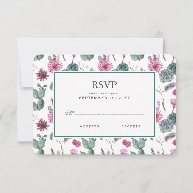 Boho Cactus, Succulent & Floral - Wedding RSVP Card (Front)