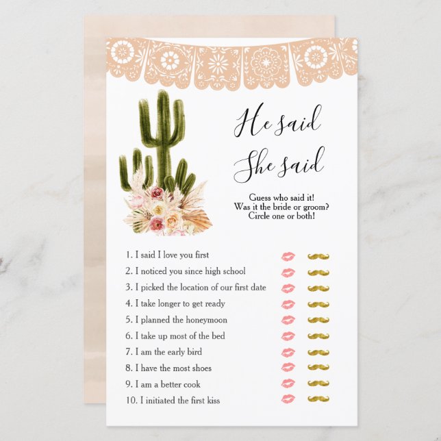 Boho Cactus Taco bout Love He said She said Games  (Front/Back)