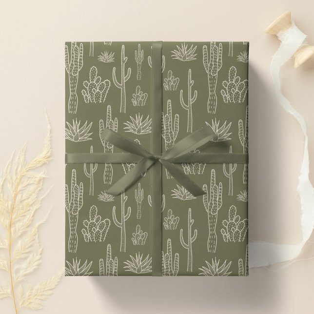 Boho Cactus Western Southern Neutral Moss Green Wrapping Paper (Creator Uploaded)