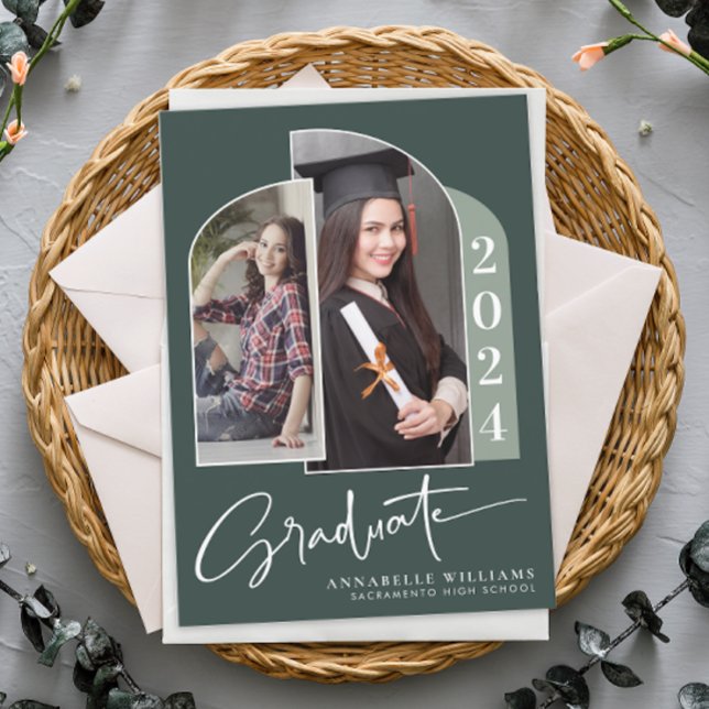 Boho Calligraphy Arch Two Photo Graduation Invitation (Creator Uploaded)