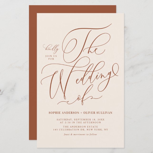 Boho Calligraphy Terracotta Wedding Invitation (Front/Back)