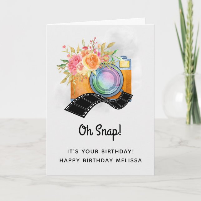 Boho Camera & Florals Watercolor Birthday Card (Front)