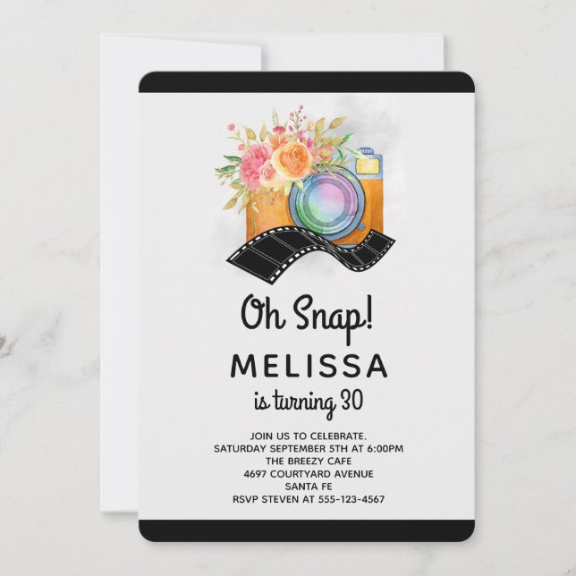 Boho Camera & Florals Watercolor Birthday Invitation (Front)