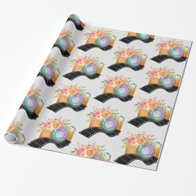 Boho Camera & Florals Watercolor Pattern Wrapping Paper (Unrolled)