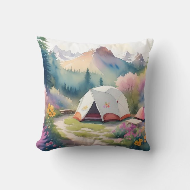 Boho Camp Site-Camping Watercolor Summer Cushion (Front)