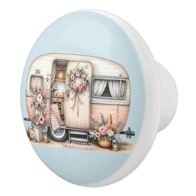 Boho Camper with Floral Wreath & Pastels Pink Ceramic Knob (Right)