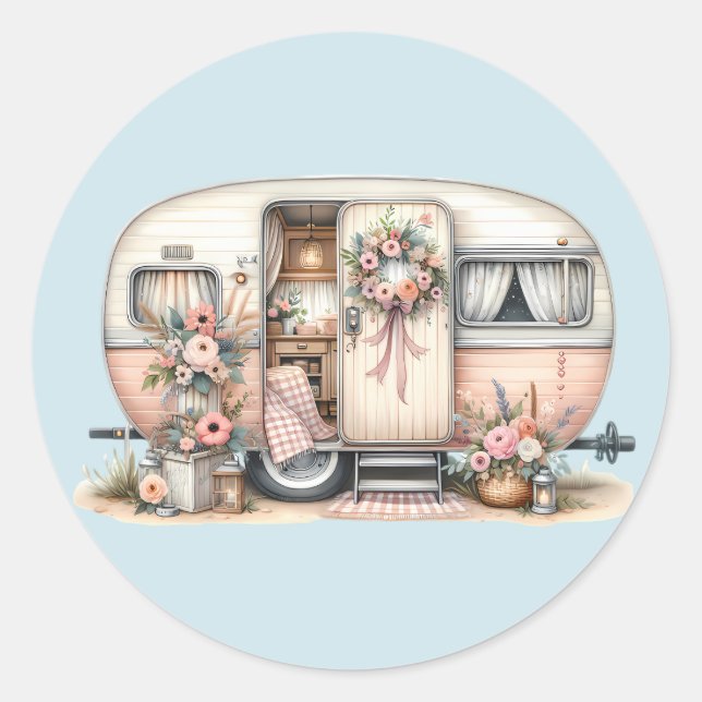 Boho Camper with Floral Wreath & Pastels Pink Classic Round Sticker (Front)