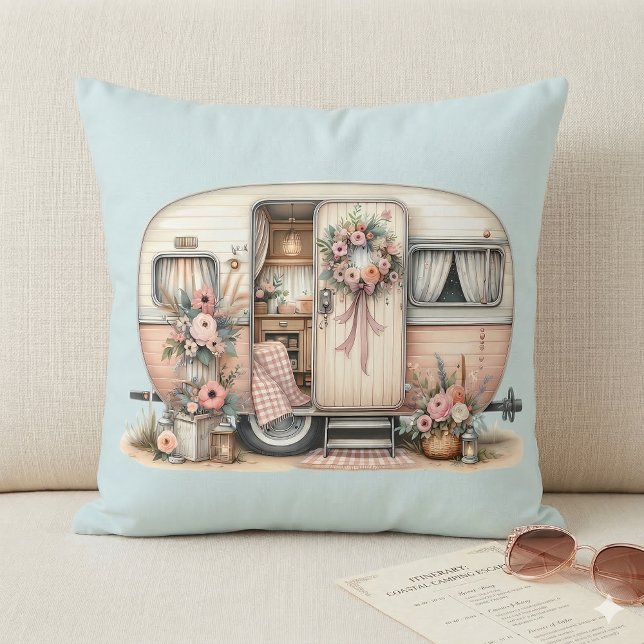 Boho Camper with Floral Wreath & Pastels Pink Cushion (Boho Camper with Floral Wreath & Pastels Pink Throw Pillow On Sofa)