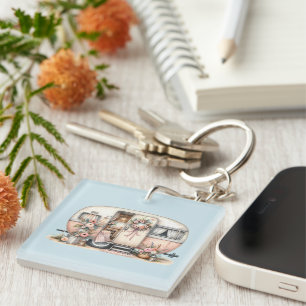 Boho Camper with Floral Wreath & Pastels Pink Key Ring