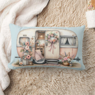 Boho Camper with Floral Wreath & Pastels Pink Lumbar Cushion