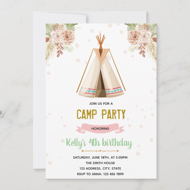 Boho camping theme invitation (Front)