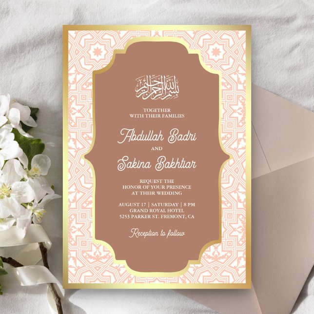 Boho Caramel Gold Arabesque Pattern Muslim Wedding Invitation (Creator Uploaded)