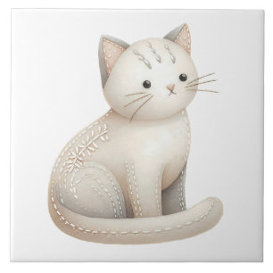 Boho Cat Ceramic Tile Embroidered Beige Kitty