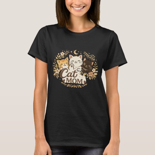Boho Cat Mom T-Shirt | Cute Cats Floral BohT-Shirt (Front)