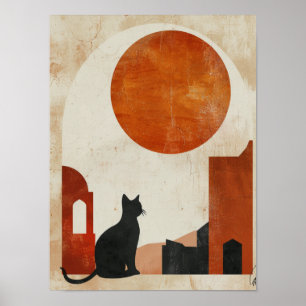 Boho Cat Silhouette Abstract Sun Minimalist Deco Poster