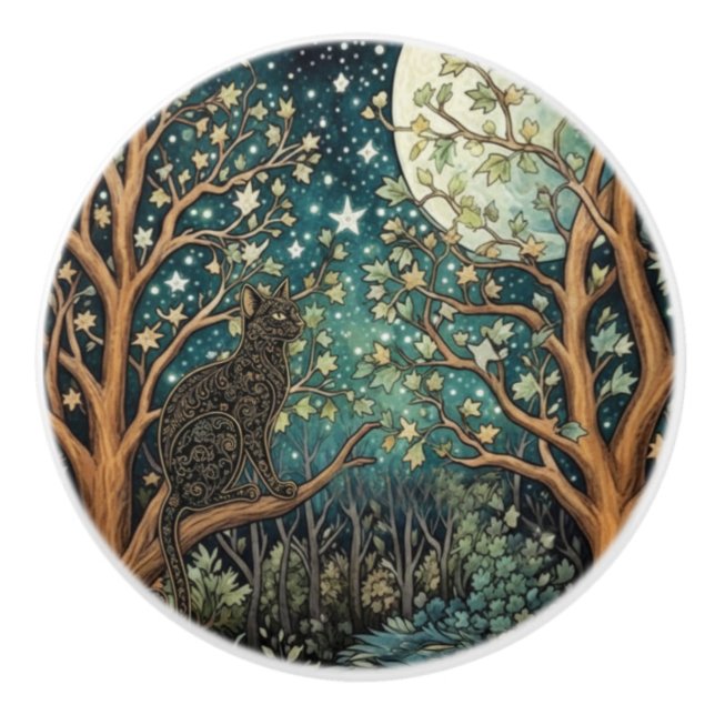 Boho cat starry night sky woodland forest ceramic knob (Front)