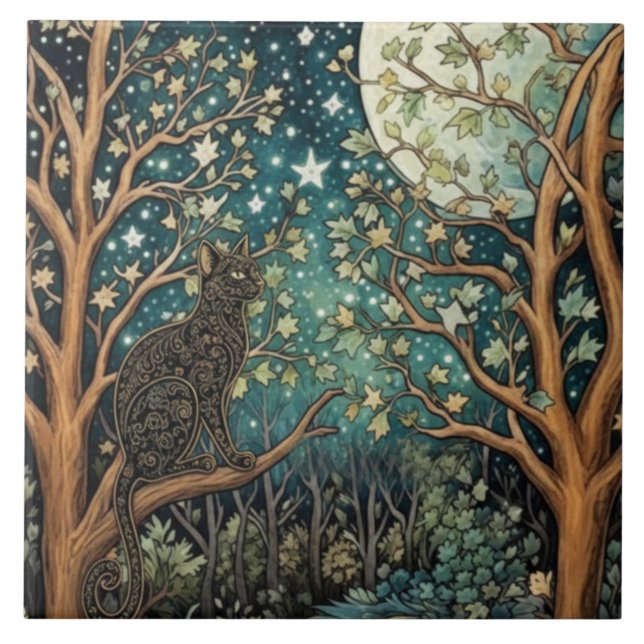 Boho cat starry night sky woodland forest ceramic tile (Front)