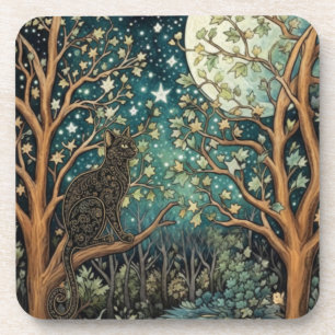 Boho cat starry night sky woodland forest coaster