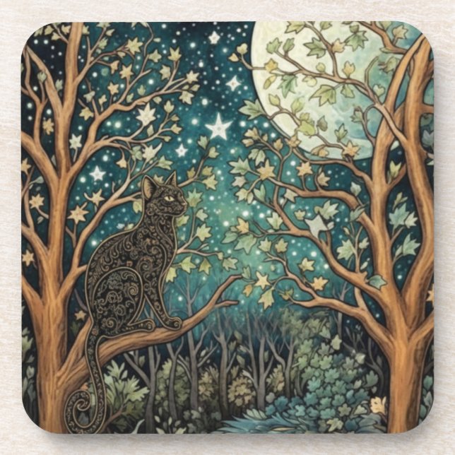 Boho cat starry night sky woodland forest coaster (Front)
