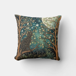Boho cat starry night sky woodland forest cushion