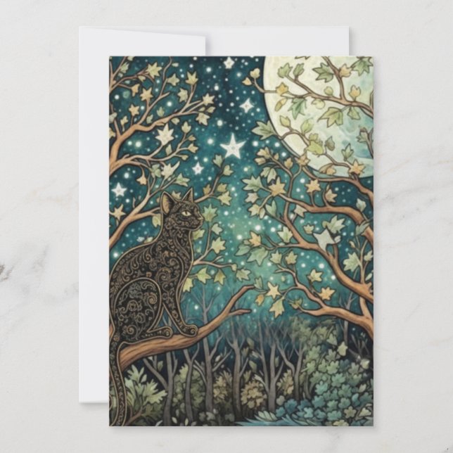 Boho cat starry night sky woodland forest invitation (Front)