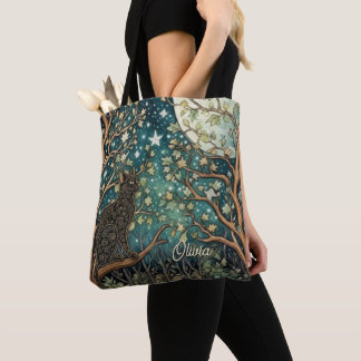 Boho cat starry night sky woodland forest tote bag