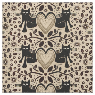 Boho Cats and Hearts in Earth Tones Fabric