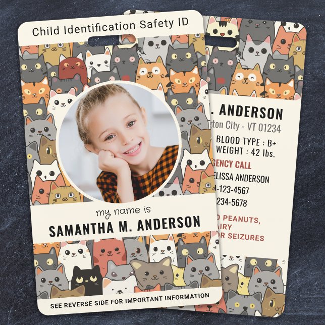 Boho Cats Custom Modern Photo Child Identification ID Badge (Creator Uploaded)
