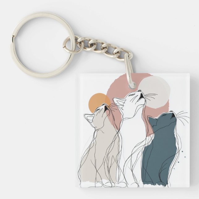 Boho Cats Howling Square Key Fob (Front)
